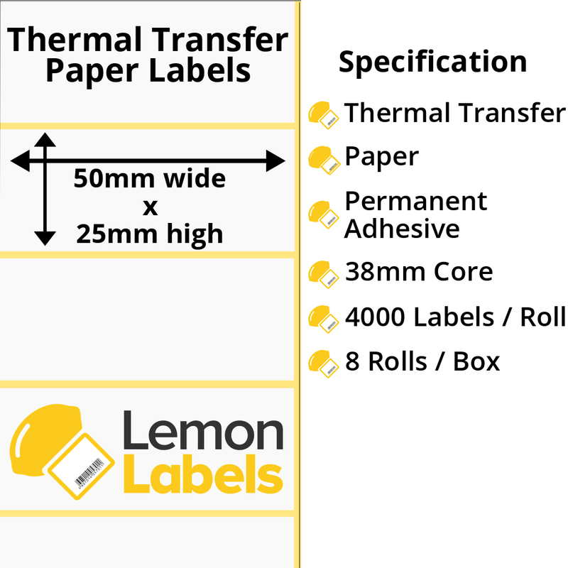 LL1115-21 - 50 x 25mm Thermal Transfer Paper Labels With Permanent Adhesive on 38mm Cores