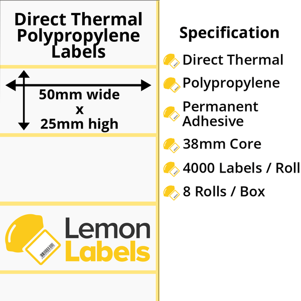 LL1115-24 - 50 x 25mm Direct Thermal Polypropylene Labels With Permanent Adhesive on 38mm Cores