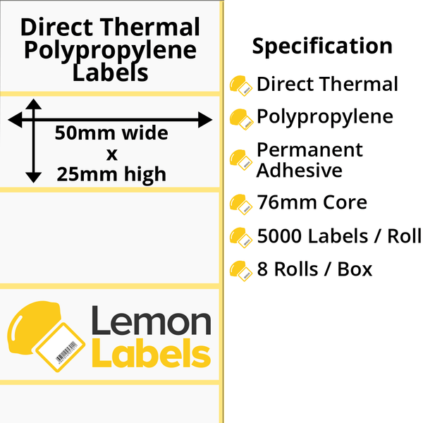LL1116-24 - 50 x 25mm Direct Thermal Polypropylene Labels With Permanent Adhesive on 76mm Cores