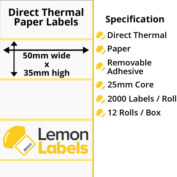 LL1117-22 - 50 x 35mm Direct Thermal Paper Labels With Removable Adhesive on 25mm Cores