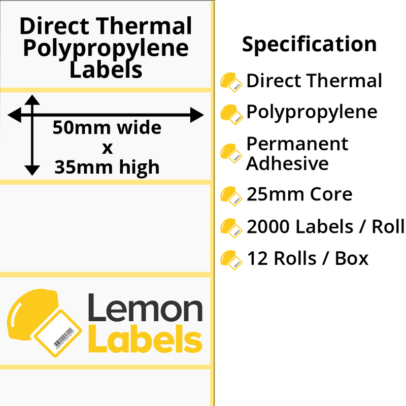 LL1117-24 - 50 x 35mm Direct Thermal Polypropylene Labels With Permanent Adhesive on 25mm Cores