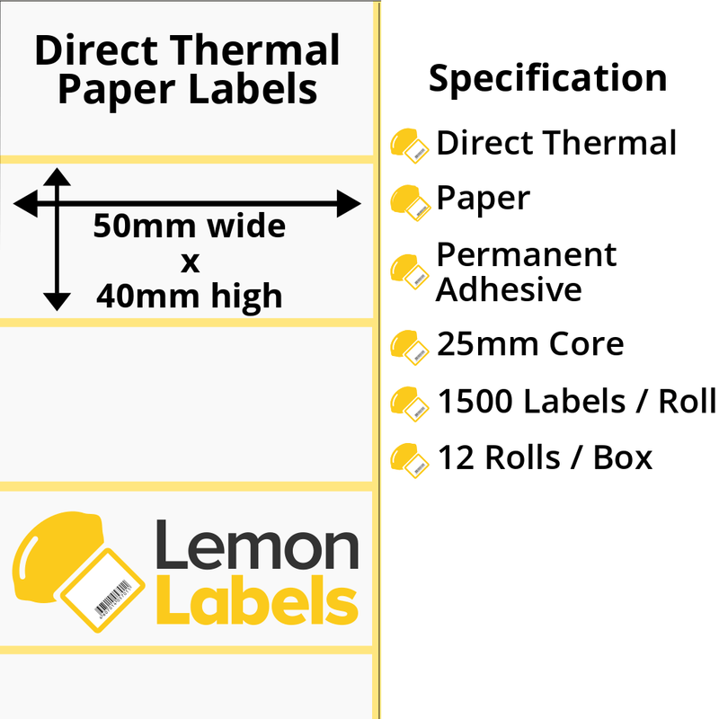 LL1120-20 - 50 x 40mm Direct Thermal Paper Labels With Permanent Adhesive on 25mm Cores