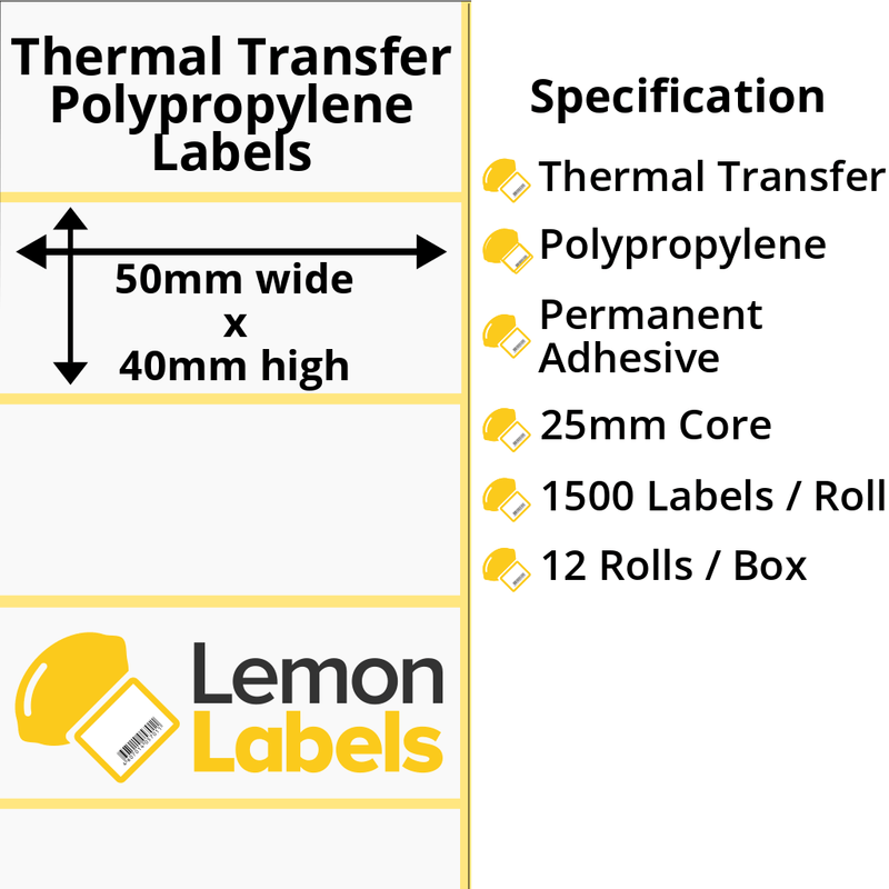 LL1120-26 - 50 x 40mm Gloss White Thermal Transfer Polypropylene Labels With Permanent Adhesive on 25mm Cores