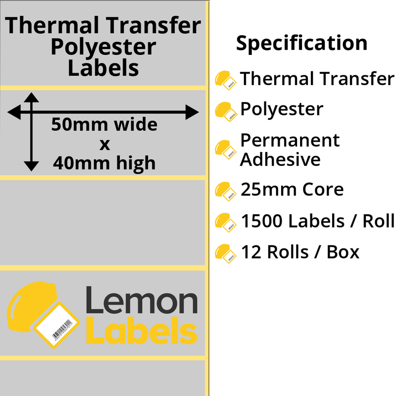 LL1120-27 - 50 x 40mm Silver Polyester Labels With Permanent Adhesive on 25mm Cores