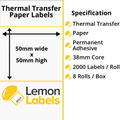 LL1124-21 - 50 x 50mm Thermal Transfer Paper Labels With Permanent Adhesive on 38mm Cores