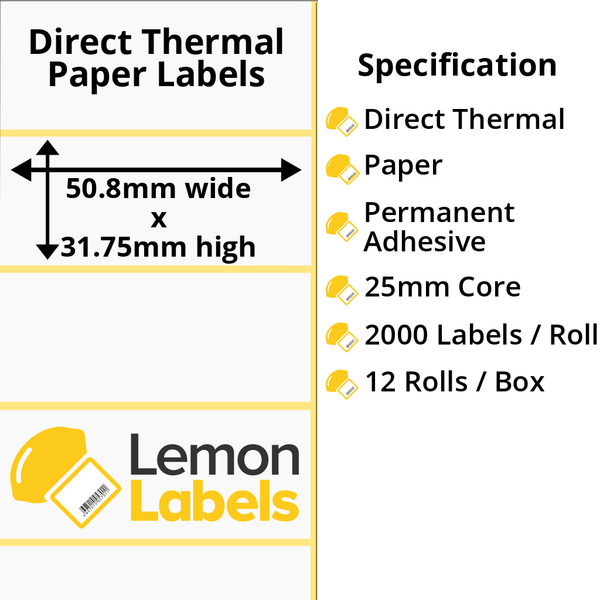 LL1129-20 - 50.8 x 31.75mm Direct Thermal Paper Labels With Permanent Adhesive on 25mm Cores