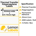 LL1129-26 - 50.8 x 31.75mm Gloss White Thermal Transfer Polypropylene Labels With Permanent Adhesive on 25mm Cores