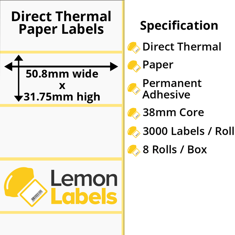 LL1130-20 - 50.8 x 31.75mm Direct Thermal Paper Labels With Permanent Adhesive on 38mm Cores