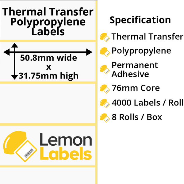 LL1131-26 - 50.8 x 31.75mm Gloss White Thermal Transfer Polypropylene Labels With Permanent Adhesive on 76mm Cores