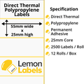LL1135-24 - 55 x 25mm Direct Thermal Polypropylene Labels With Permanent Adhesive on 25mm Cores