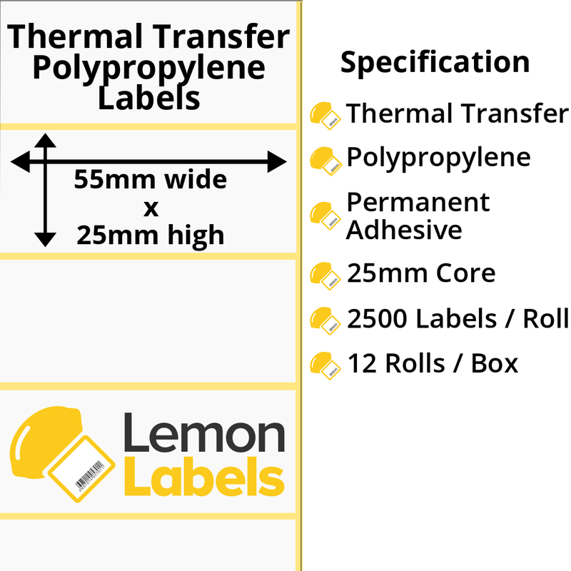 LL1135-26 - 55 x 25mm Gloss White Thermal Transfer Polypropylene Labels With Permanent Adhesive on 25mm Cores