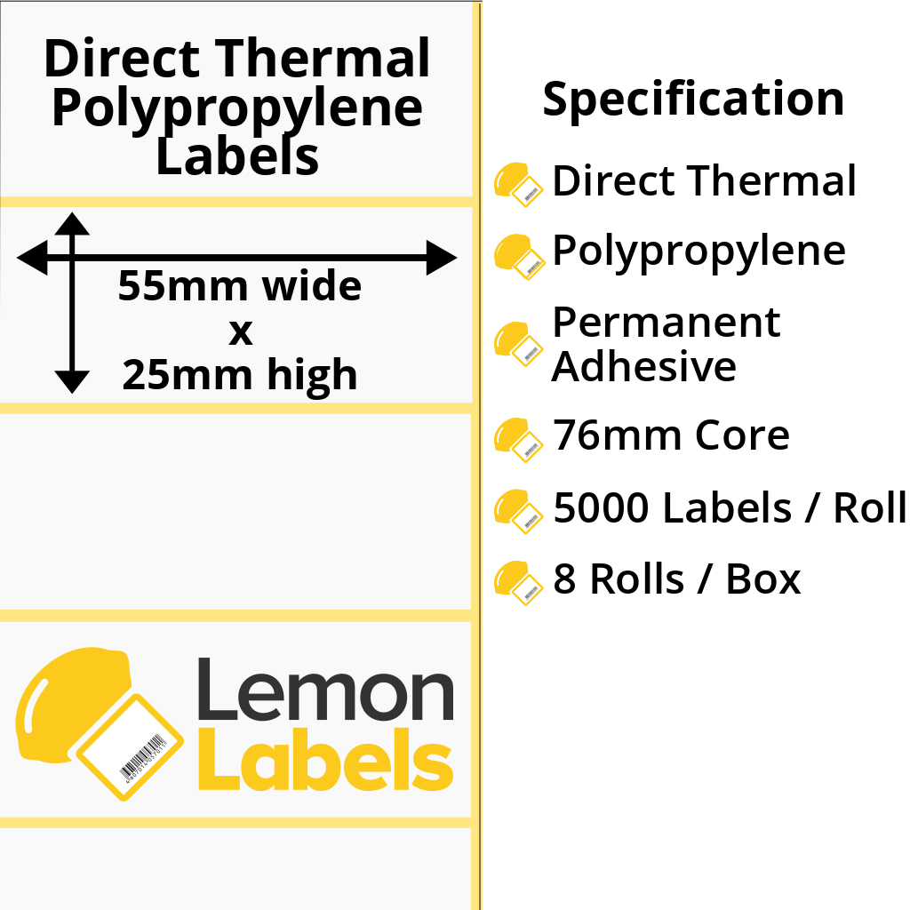 LL1137-24 - 55 x 25mm Direct Thermal Polypropylene Labels With Permanent Adhesive on 76mm Cores