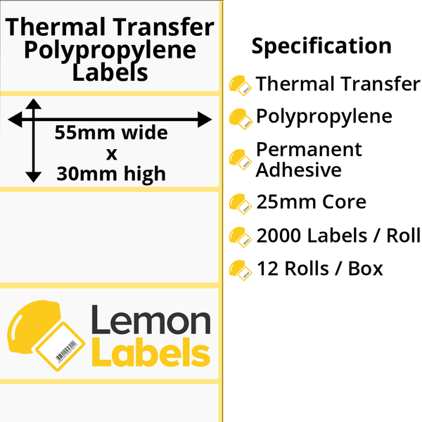 LL1138-26 - 55 x 30mm Gloss White Thermal Transfer Polypropylene Labels With Permanent Adhesive on 25mm Cores