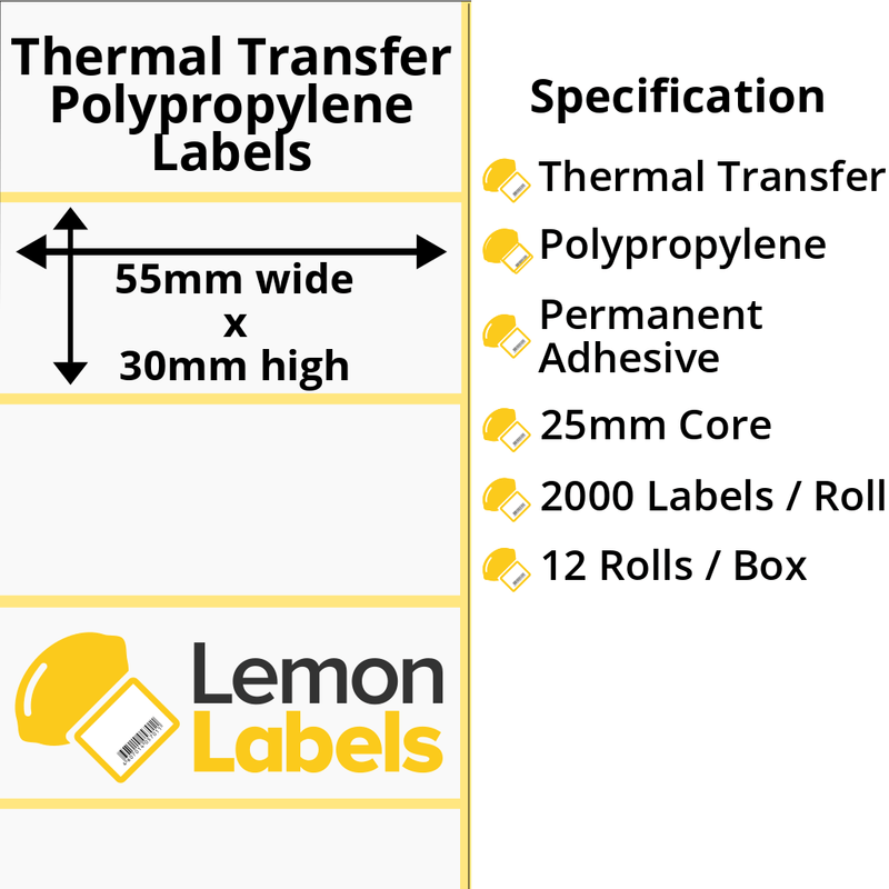 LL1138-26 - 55 x 30mm Gloss White Thermal Transfer Polypropylene Labels With Permanent Adhesive on 25mm Cores