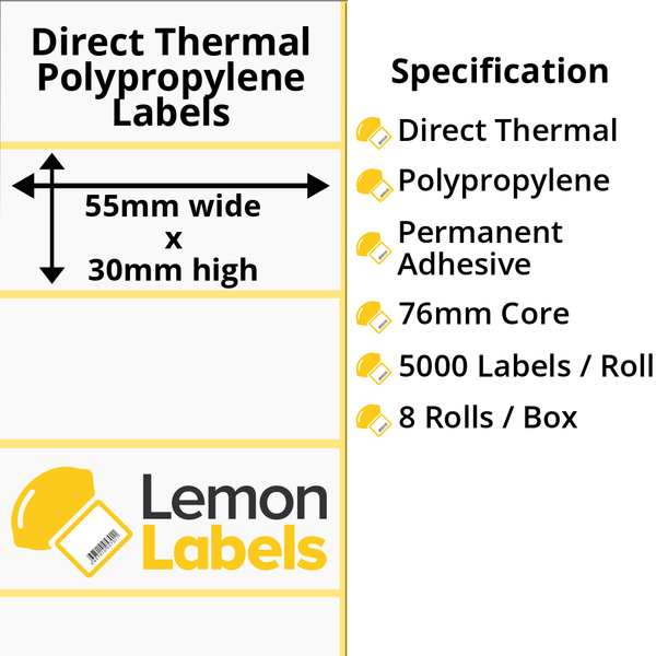 LL1140-24 - 55 x 30mm Direct Thermal Polypropylene Labels With Permanent Adhesive on 76mm Cores
