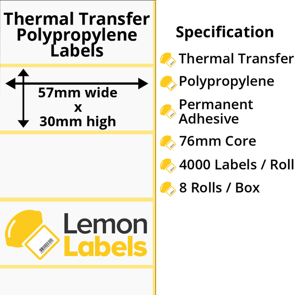 LL1143-26 - 57 x 30mm Gloss White Thermal Transfer Polypropylene Labels With Permanent Adhesive on 76mm Cores