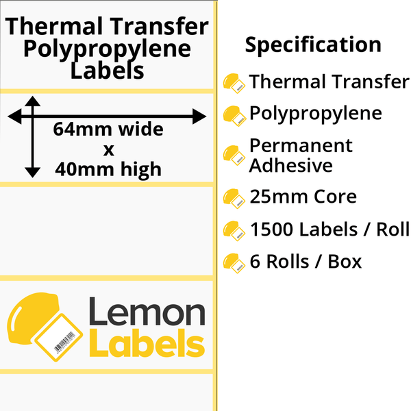 LL1153-26 - 64 x 40mm Gloss White Thermal Transfer Polypropylene Labels With Permanent Adhesive on 25mm Cores