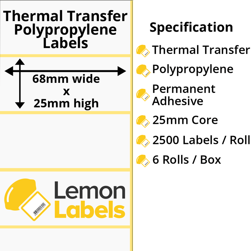 LL1156-26 - 68 x 25mm Gloss White Thermal Transfer Polypropylene Labels With Permanent Adhesive on 25mm Cores