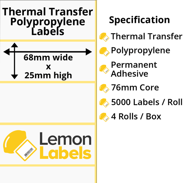 LL1158-26 - 68 x 25mm Gloss White Thermal Transfer Polypropylene Labels With Permanent Adhesive on 76mm Cores