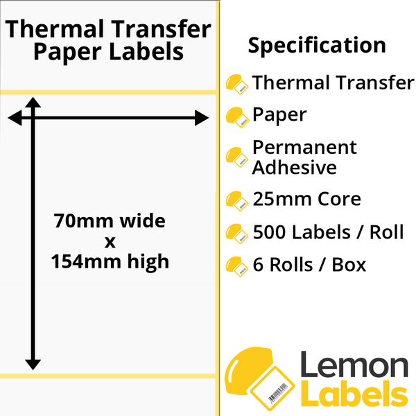 LL1159-21 - 70 x 154mm Thermal Transfer Paper Labels With Permanent Adhesive on 25mm Cores