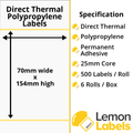 LL1159-24 - 70 x 154mm Direct Thermal Polypropylene Labels With Permanent Adhesive on 25mm Cores