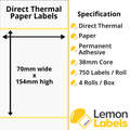 LL1160-20 - 70 x 154mm Direct Thermal Paper Labels With Permanent Adhesive on 38mm Cores