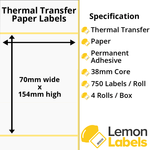 LL1160-21 - 70 x 154mm Thermal Transfer Paper Labels With Permanent Adhesive on 38mm Cores