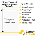 LL1160-24 - 70 x 154mm Direct Thermal Polypropylene Labels With Permanent Adhesive on 38mm Cores