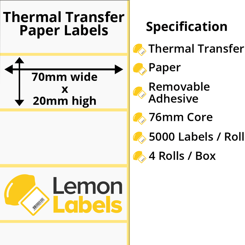 LL1164-23 - 70 x 20mm Thermal Transfer Paper Labels With Removable Adhesive on 76mm Cores