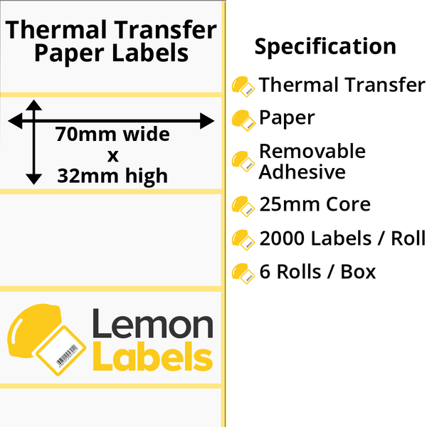 LL1165-23 - 70 x 32mm Thermal Transfer Paper Labels With Removable Adhesive on 25mm Cores