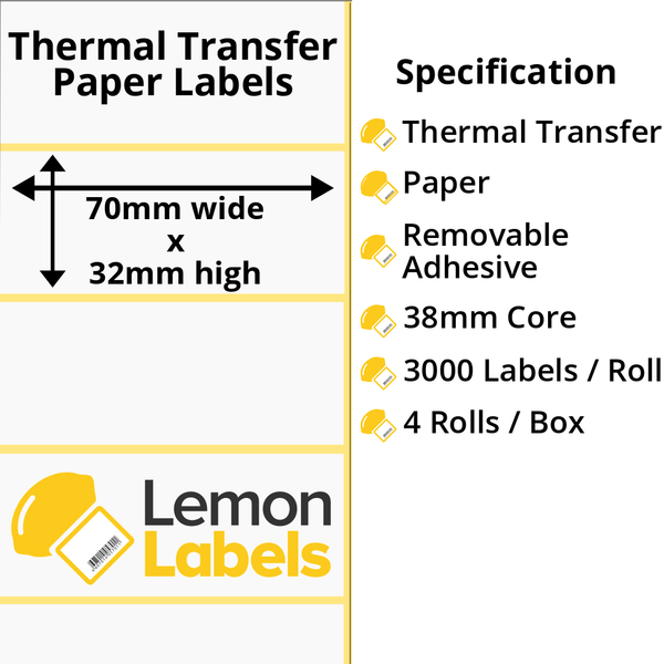LL1166-23 - 70 x 32mm Thermal Transfer Paper Labels With Removable Adhesive on 38mm Cores