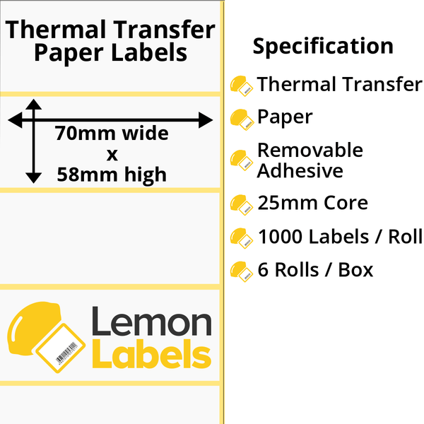 LL1168-23 - 70 x 58mm Thermal Transfer Paper Labels With Removable Adhesive on 25mm Cores
