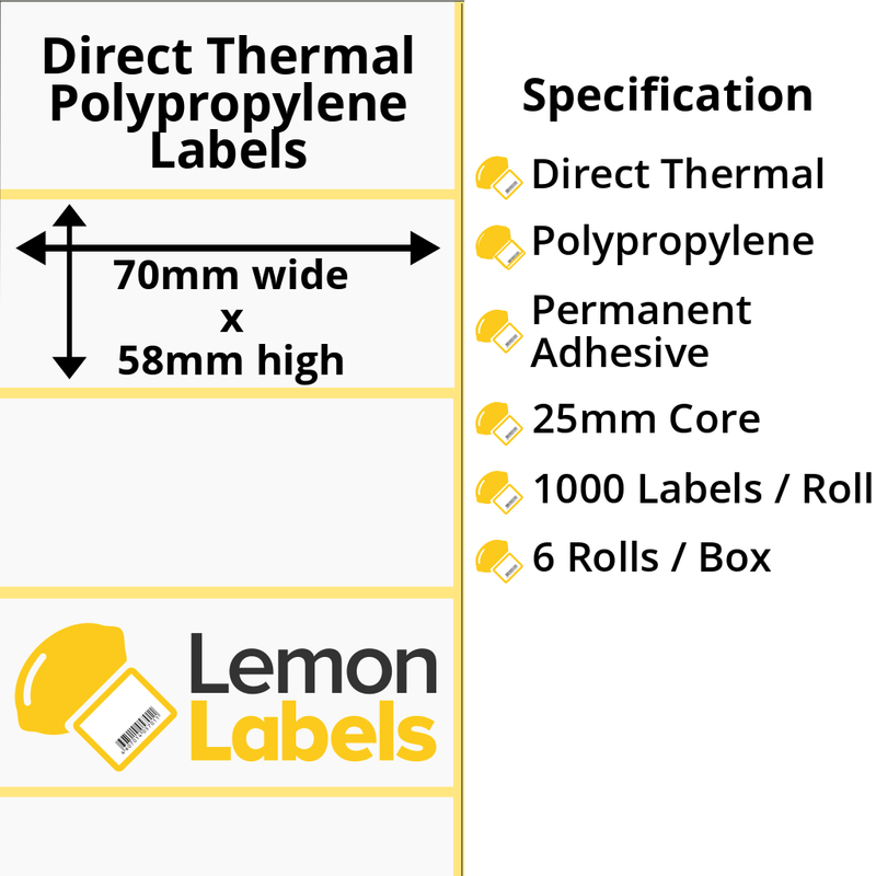 LL1168-24 - 70 x 58mm Direct Thermal Polypropylene Labels With Permanent Adhesive on 25mm Cores