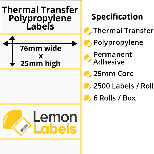 LL1174-26 - 76 x 25mm Gloss White Thermal Transfer Polypropylene Labels With Permanent Adhesive on 25mm Cores