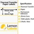 LL1183-21 - 76 x 42mm Thermal Transfer Paper Labels With Permanent Adhesive on 25mm Cores