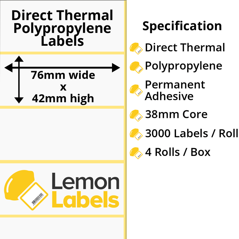 LL1184-24 - 76 x 42mm Direct Thermal Polypropylene Labels With Permanent Adhesive on 38mm Cores