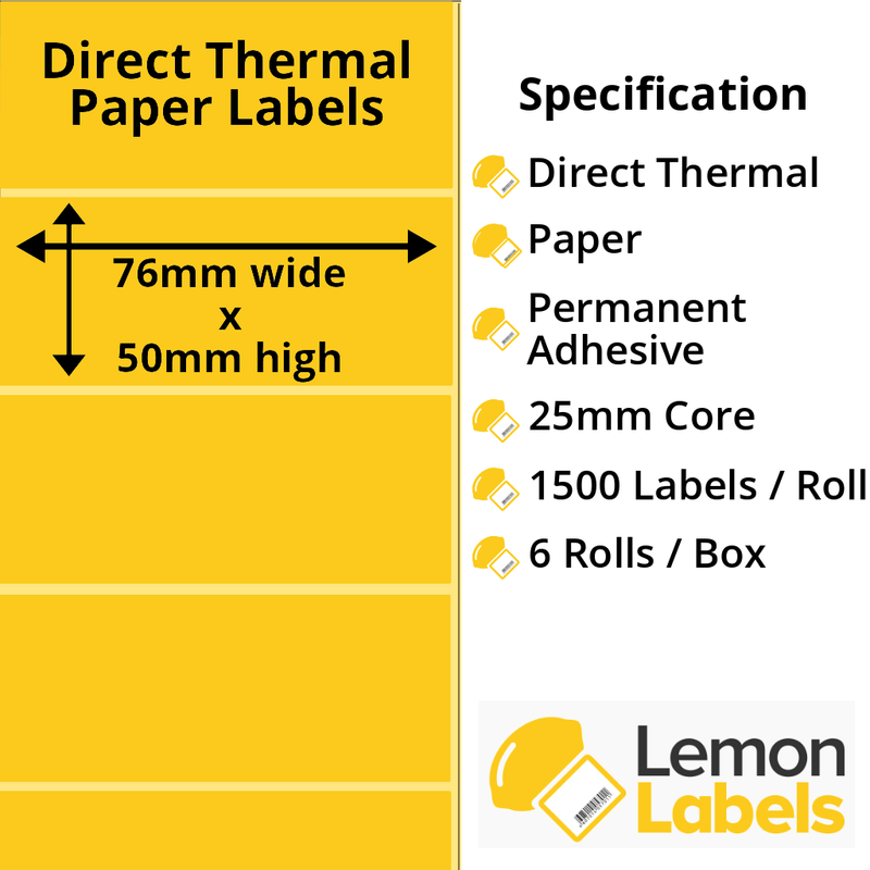 76 x 50mm Yellow Direct Thermal Paper Labels With Permanent Adhesive on 25mm Cores - LL1189-20Y