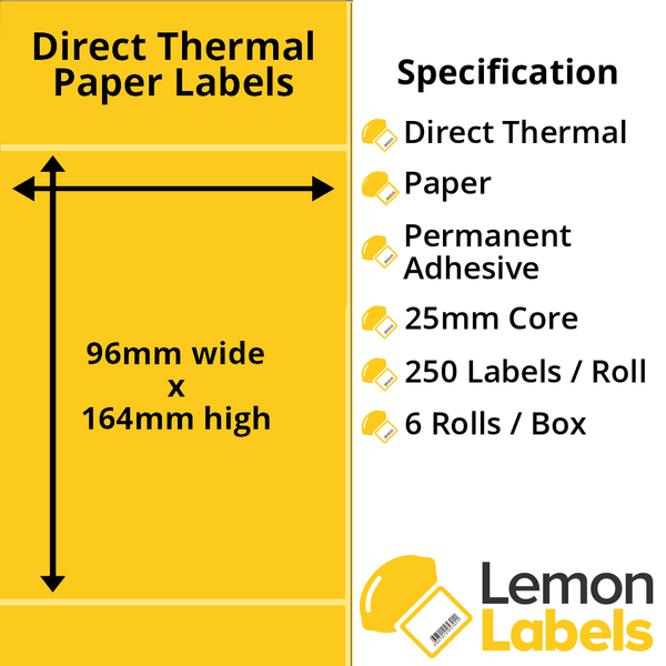 96 x 164mm Yellow Direct Thermal Paper Labels With Permanent Adhesive on 25mm Cores - LL1201-20Y