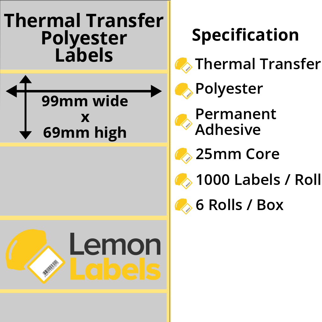 LL1207-27 - 99 x 69mm Silver Polyester Labels With Permanent Adhesive on 25mm Cores