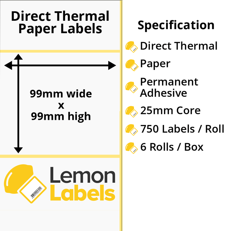 LL1210-20 - 99 x 99mm Direct Thermal Paper Labels With Permanent Adhesive on 25mm Cores