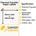 LL1210-23 - 99 x 99mm Thermal Transfer Paper Labels With Removable Adhesive on 25mm Cores