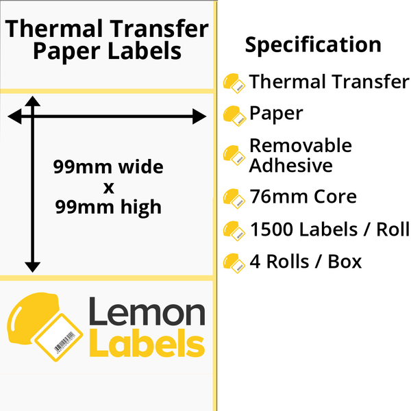 LL1212-23 - 99 x 99mm Thermal Transfer Paper Labels With Removable Adhesive on 76mm Cores