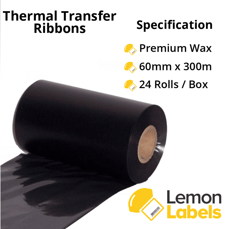 60mm wide x 300m Premium Wax thermal transfer ribbons - LR-8001