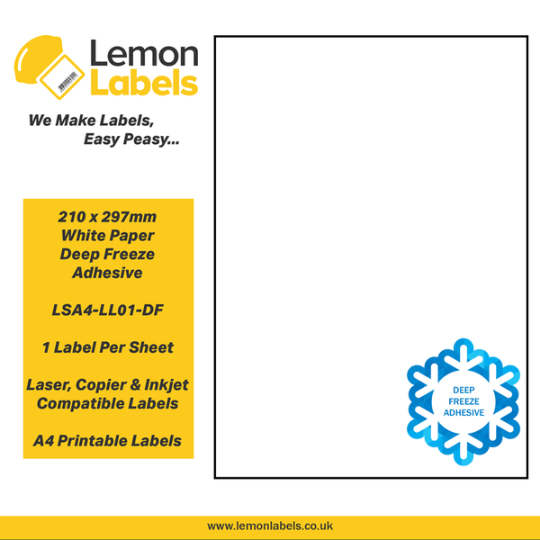 LSA4-LL01-DF - 210 x 297mm White Paper With Deep Freeze Adhesive Labels, 1 label to an A4 sheet, 100 sheets