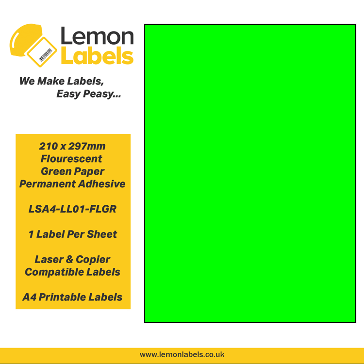 LSA4-LL01-FLGR - 210 x 297mm Floursecent Green Paper With Permanent Adhesive Labels, 1 label to an A4 sheet, 100 sheets