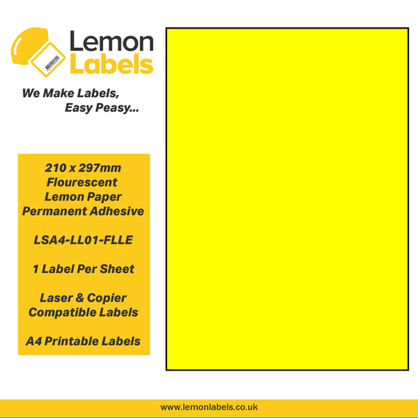 LSA4-LL01-FLLE - 210 x 297mm Floursecent Lemon Paper With Permanent Adhesive Labels, 1 label to an A4 sheet, 100 sheets