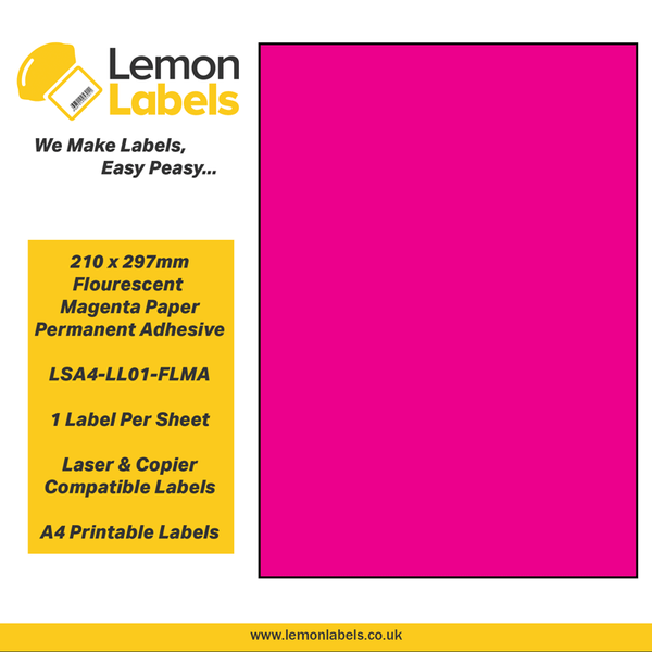 LSA4-LL01-FLMA - 210 x 297mm Floursecent Magenta Paper With Permanent Adhesive Labels, 1 label to an A4 sheet, 100 sheets