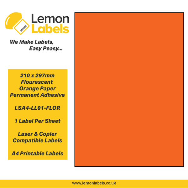 LSA4-LL01-FLOR - 210 x 297mm Floursecent Orange Paper With Permanent Adhesive Labels, 1 label to an A4 sheet, 100 sheets
