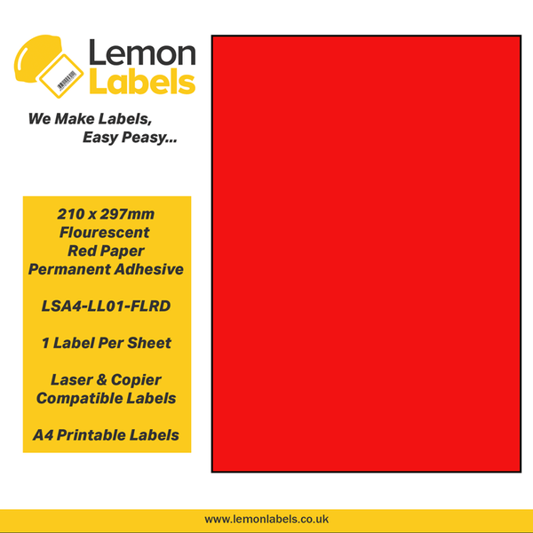 LSA4-LL01-FLRD - 210 x 297mm Floursecent Red Paper With Permanent Adhesive Labels, 1 label to an A4 sheet, 100 sheets
