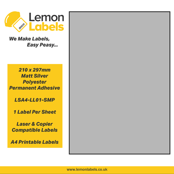 LSA4-LL01-SMP - 210 x 297mm Matt Silver Polyester With Permanent Adhesive Labels, 1 label to an A4 sheet, 100 sheets